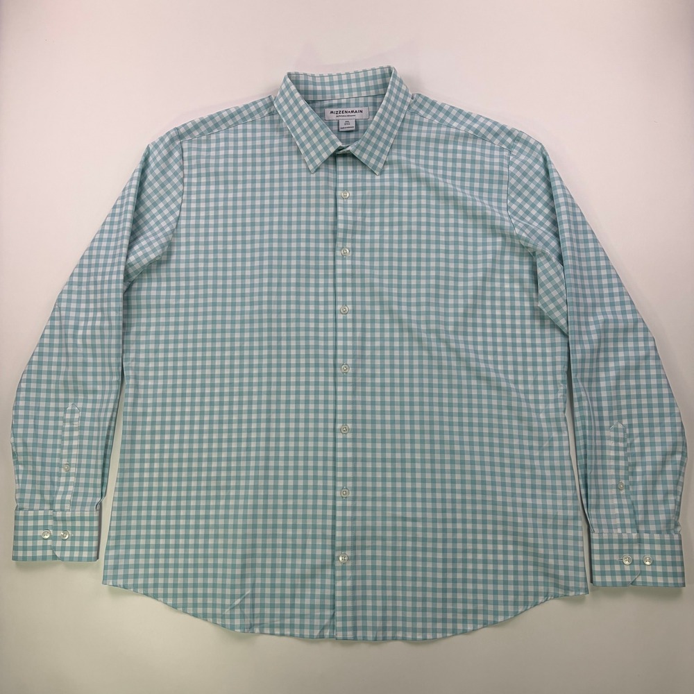 Mizzen+Main Leeward  Dress Shirt Mens XXL Blue Gingham‎ Performance Stretch